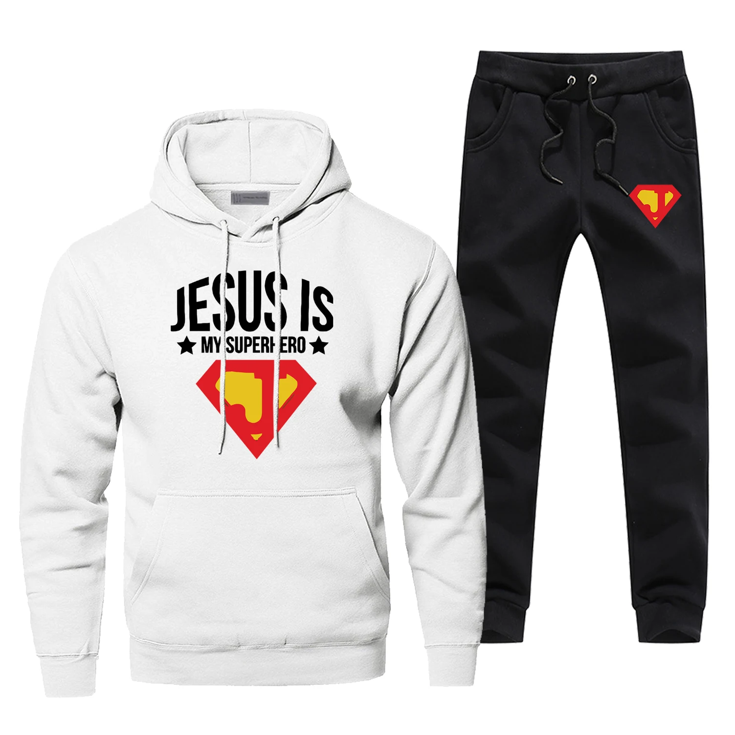 Модные мужские толстовки и штаны, комплекты из 2 предметов, Jesusic Is My Superhero, забавные мужские толстовки, осенне-зимние толстые флисовые теплые спортивные костюмы