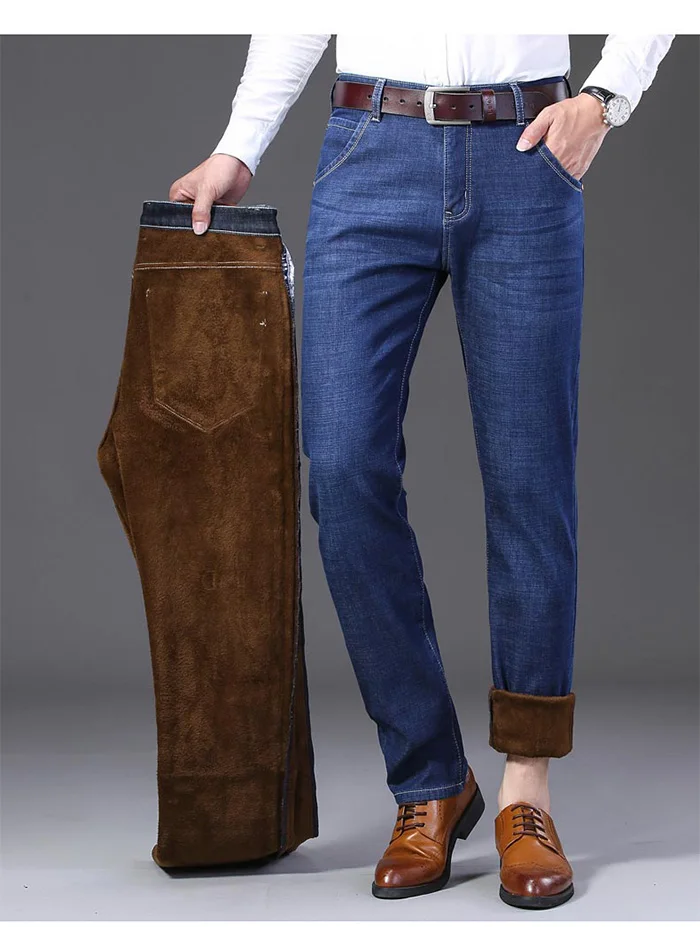 winter Warm Fleece Men's Jeans thick Stretch Elastic Denim Jean men Classic Style Straight Brand Business Blue Cotton Pants 42