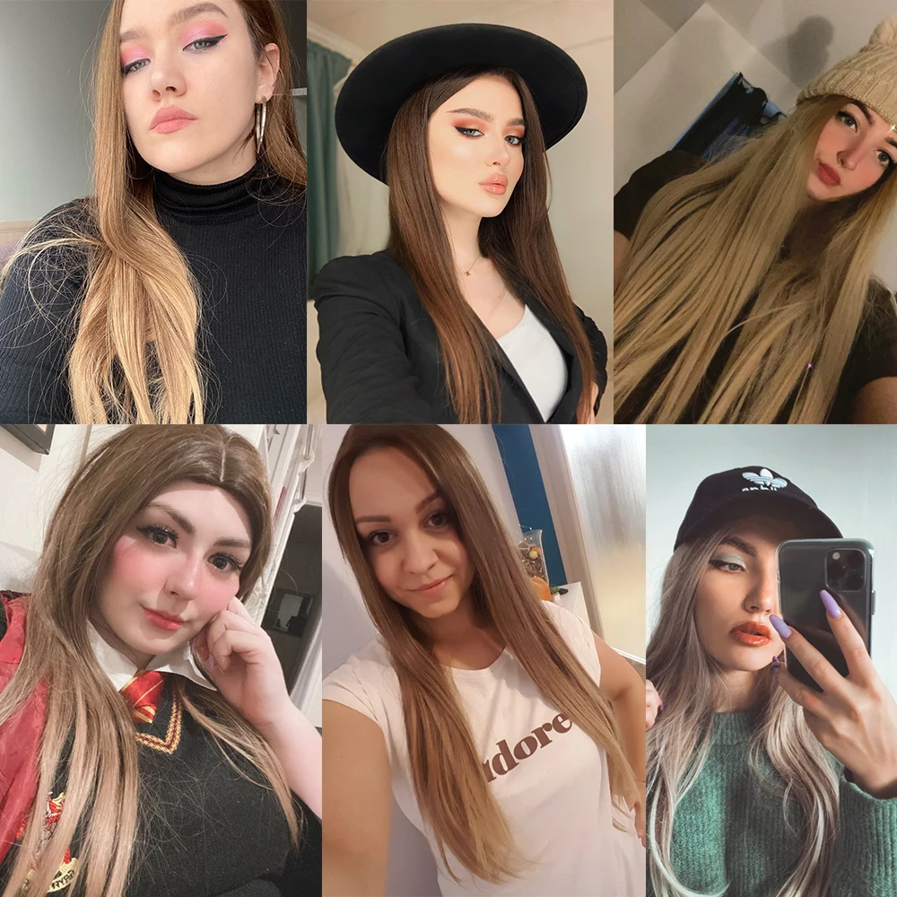 Long Straight Brown Ombre Natural Hair Wigs Middle Part Heat Resistant Synthetic Wigs for Afro Women Daily Cosplay Fashion Wigs