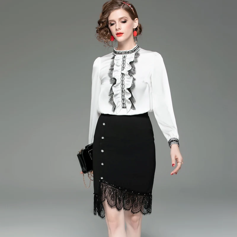 

Women's Runway Twinsets O Neck Long Sleeves Ruffles Lace Patchwork Blouse with Asymmetrial Skirt Two Piece Dress Suit Set