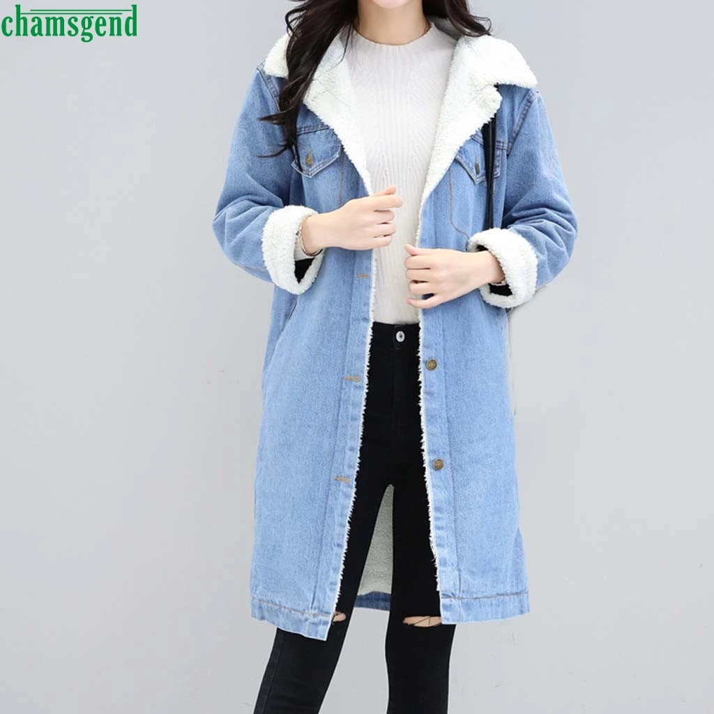 

Chamsgend Fashion Women's Thicken Warm Fleece Denim Coat Long Sleeve Parkas Casual Punk Long Outwear Winter Blue Jean Jacket