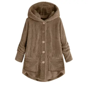 

Women Solid Color Warm Plush Button Hooded Coat Loose Jacket Irregular Outwear