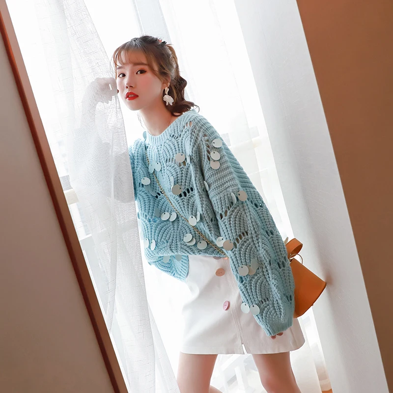 

Less 20 "net red sequined sweater jacket early autumn 2019 new loose Korean pullover female lazy wind sweater
