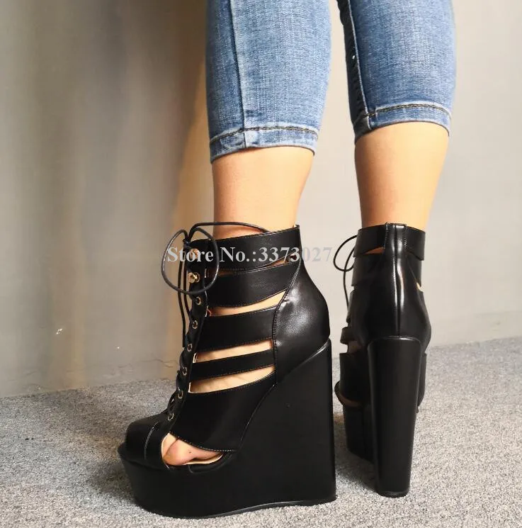 Black Leather Lace-up Wedge Sandals Sexy Hollow Out Peep Toe Sandals Boots Ladies Fashion Street Style Pumps Night Club Shoes