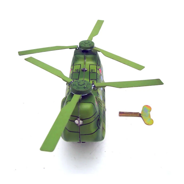 [Funny] Adult Collection Retro Wind up toy Metal Tin Twin-screw military helicopter transport plane Clockwork toy vintage toy