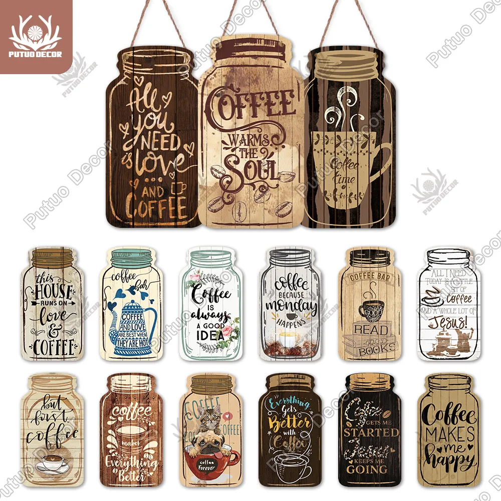 

Putuo Decor Coffee Plaques Mason Jar Shape Wooden Signs Irregular Plate for Cafe Decoration Kitchen Wall Decor Decorative Plaque