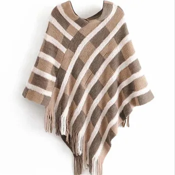 

Women Striped tassel Knitted Sweater Autumn Winter V-Neck Long Sleeve Pullovers Knitwear 2019 Jumper poncho cloak