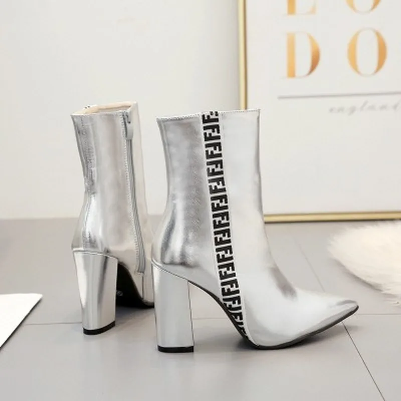 Женские ботинки; кожаные ботинки до середины икры на высоком каблуке; chaussures femme bottines hiver; Осенняя обувь; блестящая женская обувь с острым носком