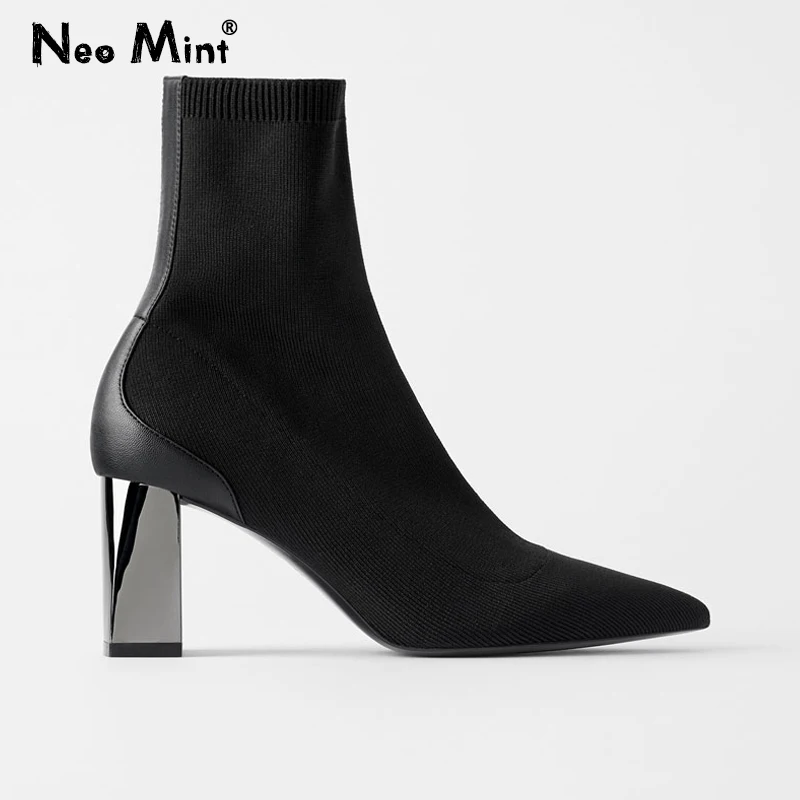 

2021 черные тонкие эластичные вязаные ботинки-носки, женская зимняя обувь с острым носком на высоком каблуке, вязаные ботильоны для женщин