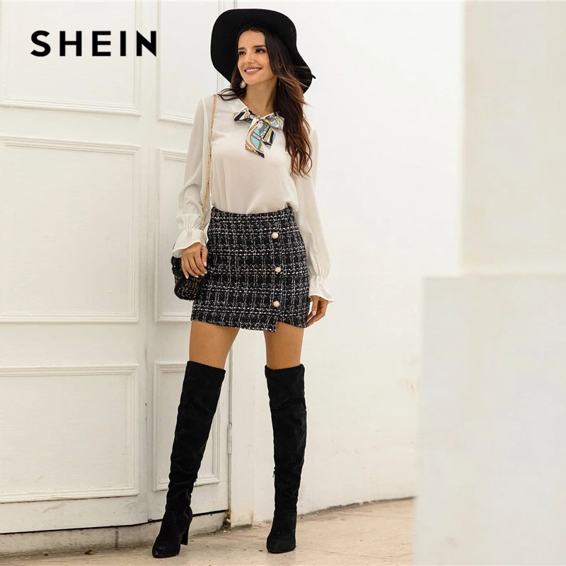 SHEIN черная клетчатая твидовая юбка-карандаш с пуговицами спереди, Женская Осенняя уличная одежда, женские облегающие Повседневные мини-юбки