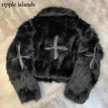 

Ripple Islands-Faux Fur Coat Female Lapel Coat Imitation Fox Fur Cotton-Padded Coat Patch PU Cross Personality Street Crop Top