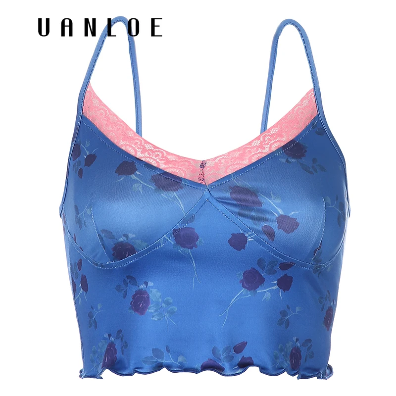 

Sexy Women Print Cami Tops Lace Edge Frill Streetwear 90s Summer Spaghetti Strap Crop Top Vintage V-neck Camis Harajuku