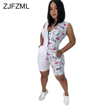 

Letter Print Penelled Skinny Overalls for Women V Neck Zipper Front Bandage Bodysuit Sexy Club Sleeveless Bodycon Short Jumpsuit
