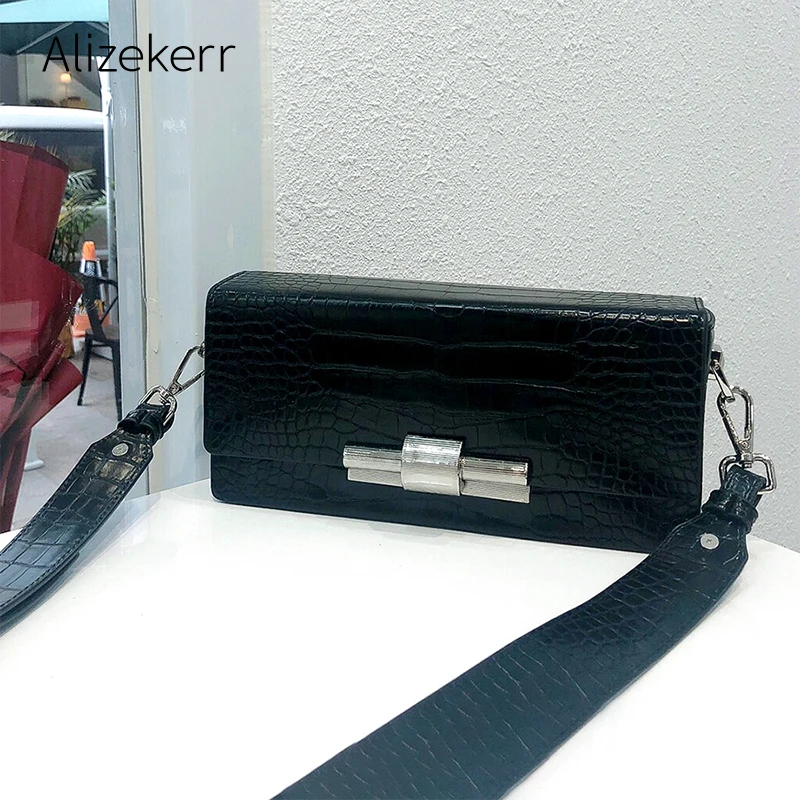 

Retro Box Lock Shoulder Bag Women Small Square Green Crocodile Pattern Handbag Ladies Wide Shoulder Strap High Quality Fashion
