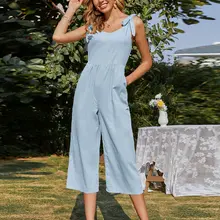 

Women Sleeveless Cotton Linen Wide Leg Rompers Elegant Shoulder Bow Jumpsuits Summer Holiday Beach Casual Solid Jumpsuit Female
