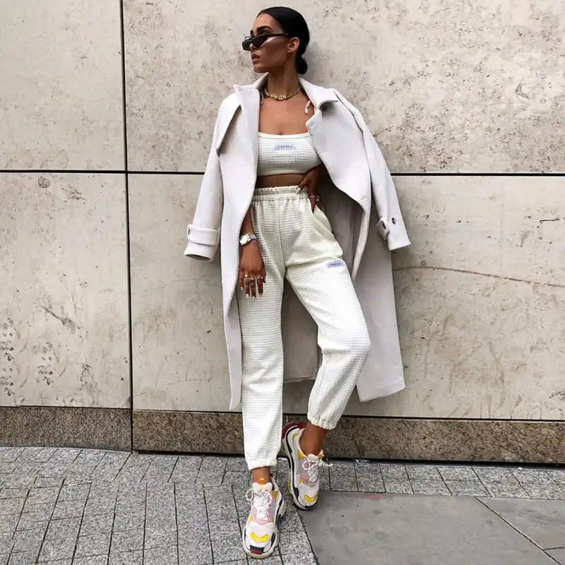 beige track pants womens