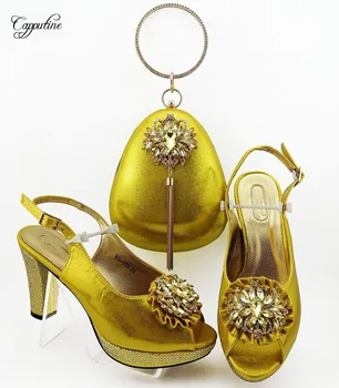 

High Class Wedding/Party Yellow High Heel Sandal Shoes With Purse Bag sets Decorated With Stones QSL024, Heel Height 10CM