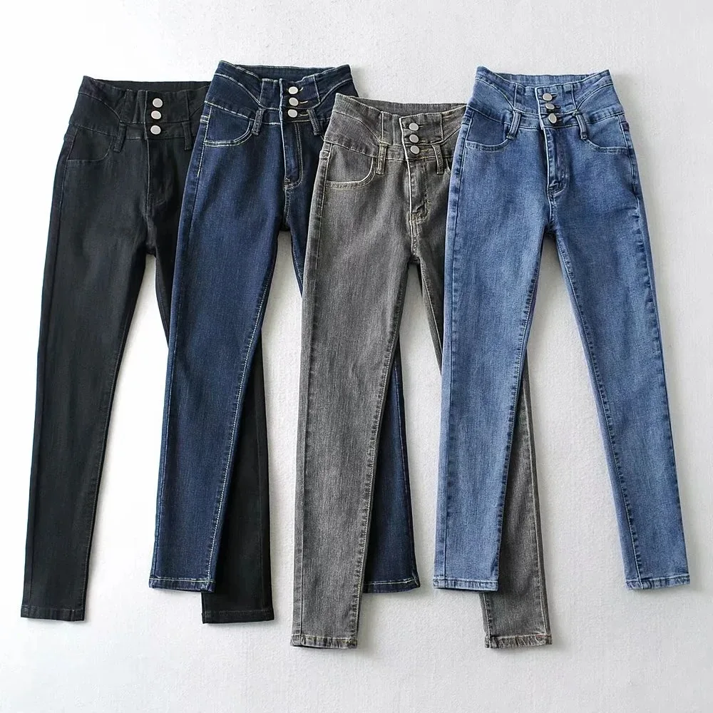 

double-breasted cultivate morality show thin joker high stretch feet pants qiu dong with thickening jeans are female