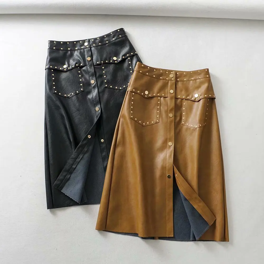 

2018 Western Style Autumn And Winter WOMEN'S Dress New Style Rivet Leather Skirt Mid-length Skirt