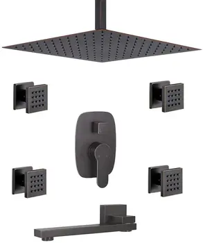 

Square 12 Inch Ceiling Oil Rubbed Bronze Finish Rainfall Shower System With 4 PCS Body Jets Mixer Spout Tub Set