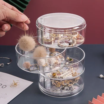 

1pc Portable Rotating Jewelry Box 4 Layer Earrings Necklace Dustproof Storage Box Transparent Display Holder