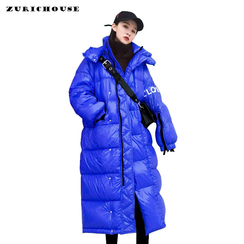 

ZURICHOUSE 2019 Winter Coat Woman Long Quilted Jacket Hooded Parka Warm Outwear Plus Size Loose Glossy Winter Down Jacket Women
