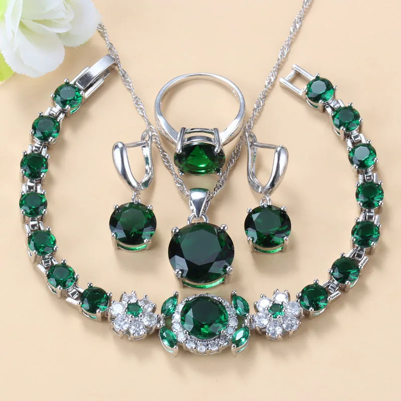 Wholesale Lot Of Earrings And Necklace Green Jewelry Sets With Natural Stone CZ Ring 925 Silver For Women Wedding Gift | Украшения и