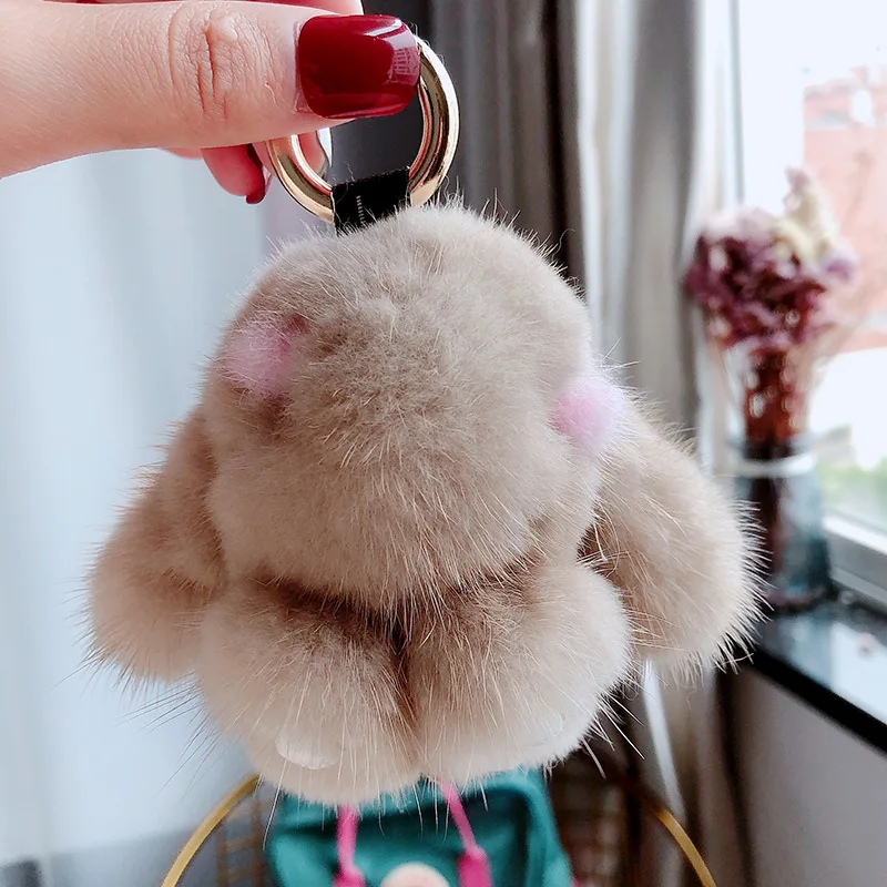 Игрушечный Кролик, подвеска из меха норки, милый женский брелок для машины, сумки, ключей, плюшевый шарм, роскошный брелок для ключей для женщин - Цвет: Coffee