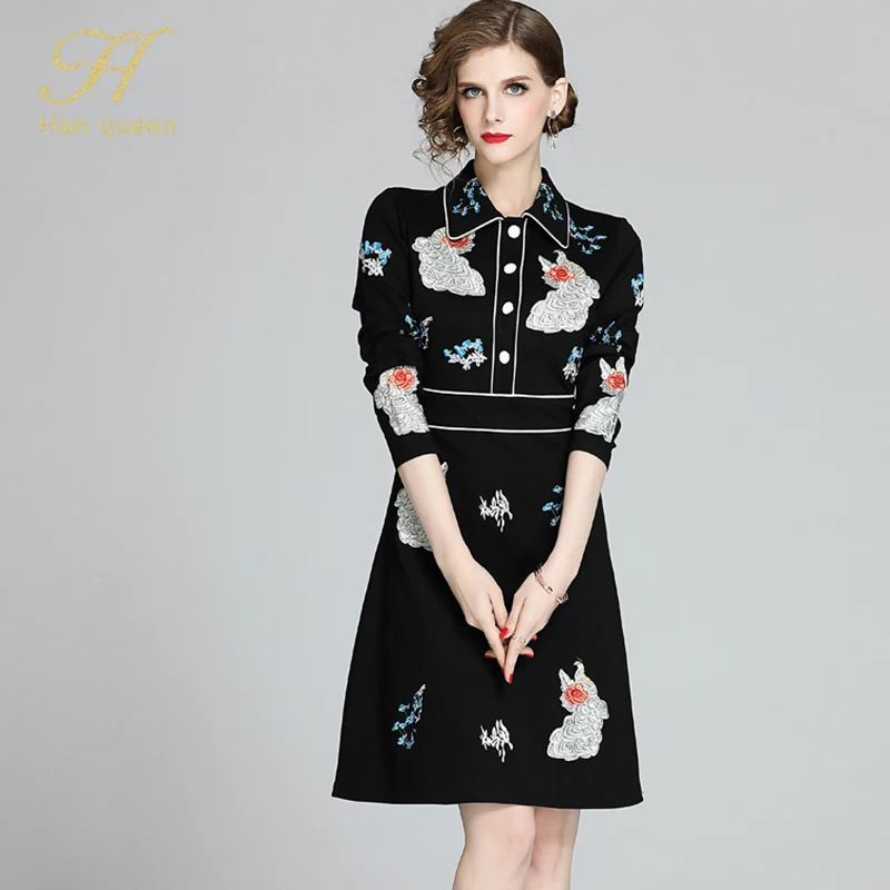 H han queen/весеннее платье с вышивкой, приталенное, модное, однобортное, длиной до колена, для работы, Повседневное платье, для женщин, ТРАПЕЦИЕВИДНОЕ, винтажное, Vestidos