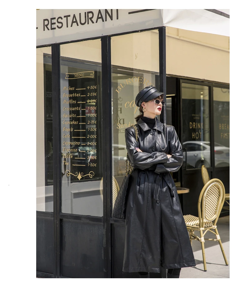 Women's New Spring And Autumn Coat Leather Long Paragraph Lapel Sashes Loose Pu Leather Windbreaker F171