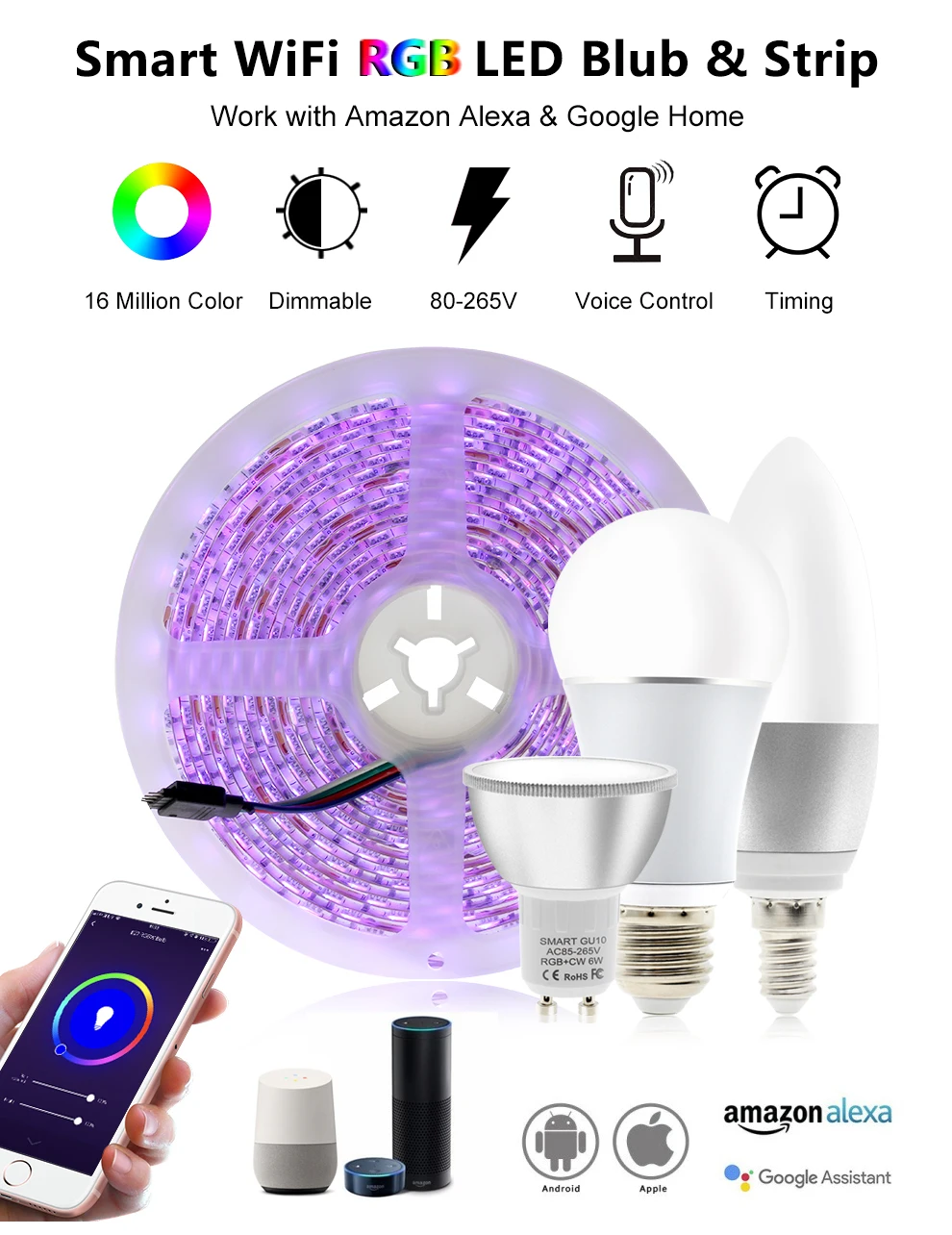 Tuya Smart control WiFi RGB светодиодный светильник E27 E14 GU10 AC 85-265V 7W Smart Life APP управление Amazon Alexa и Google Home