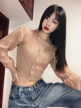 

Spring autumn new street fashion woven twist large V-neck knitted cardigan women, thin long-sleeved short sweater cardigan women