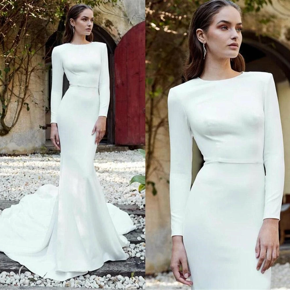 

Женское атласное платье-Русалка, белое платье-шлейф с рукавами Длинные свадебные платья, свадебные платья с застежкой-молнией