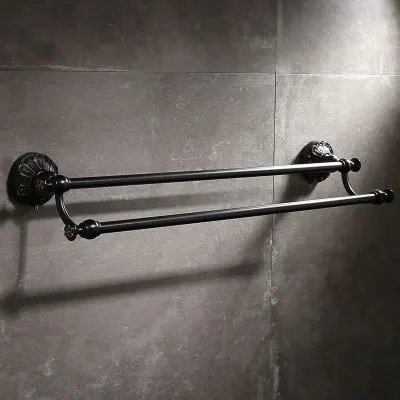 Double towel bars Набор аксессуаров для ванной, латунный стеллаж для полотенец, угловая полка, держатель для бумаги, держатель для туалетной щетки, крючок для халата, гвоздь, черный, масло, матовый, резной - Цвет: Double towel bars