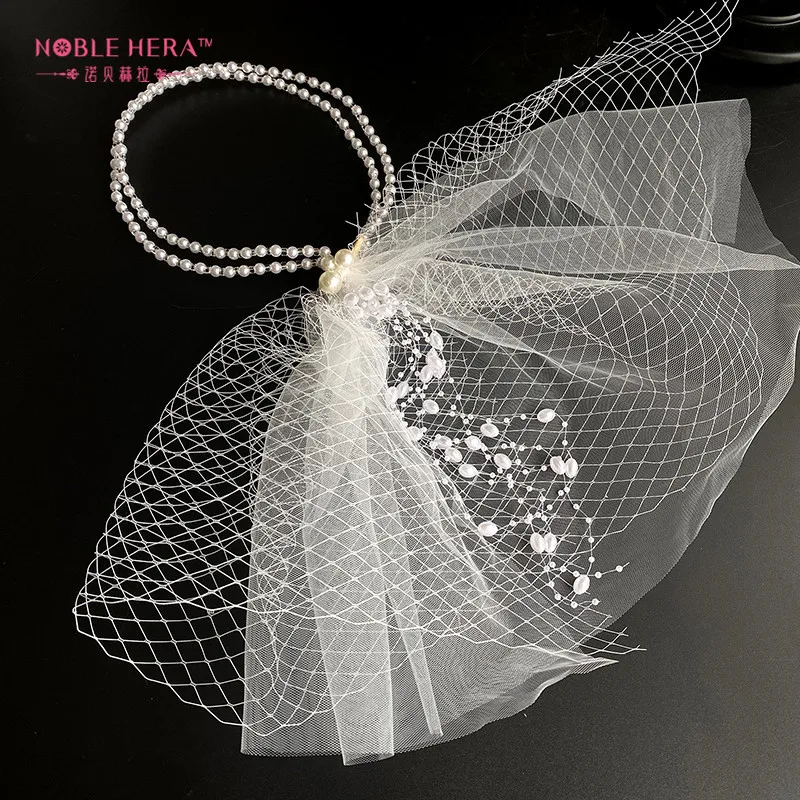Bridal Pearl Veil Adjustable Mesh Belt Hair Accessories Wedding Headband Headdress