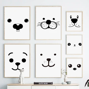 

Kawaii Bear Dog Face Wall Art Canvas Painting Black White Cartoon Nordic Posters And Prints Wall Pictures For Living Room Decor
