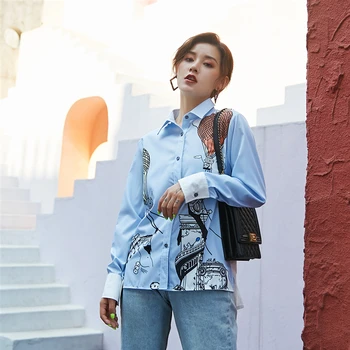 

Cartoon women's long sleeve shirt fall 2019 new interesting graffiti printing design feeling small western style jacket