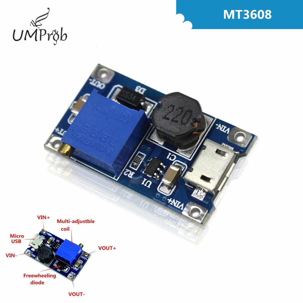Регулируемый Повышающий Модуль 2А с MICRO USB 2в 24в до 5В 9В 12В 28В MT3608 LM2577|Интегральные
