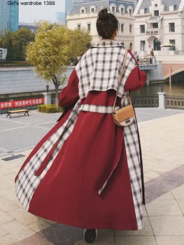 

Plaid color contrast splicing windbreaker women's middle and long 2020 new Korean loose British wind coat over the knee trend