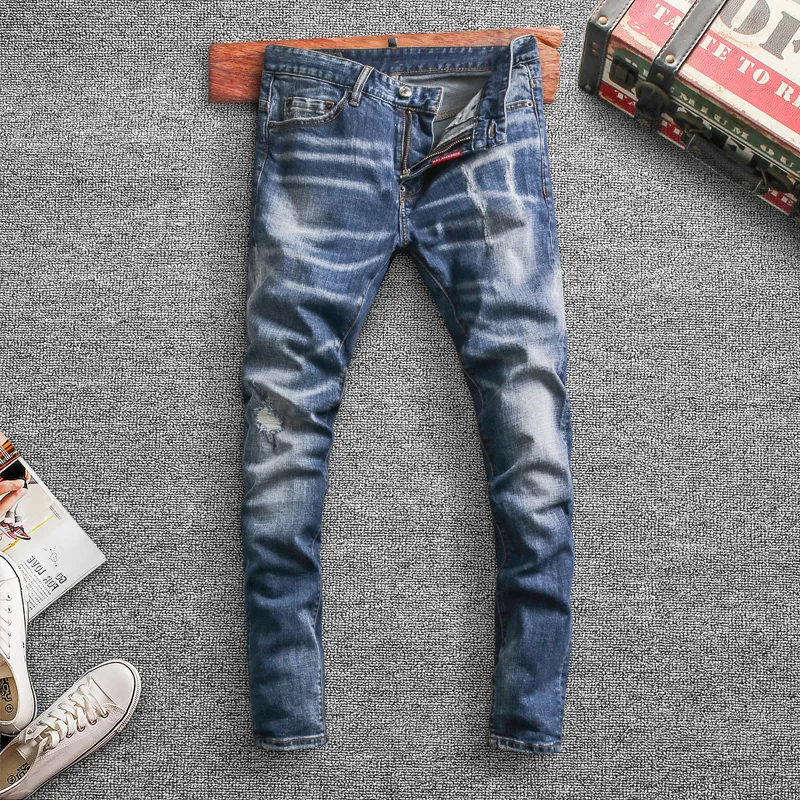 

Italian Style Fashion Men Jeans High Quality Retro Blue Slim Fit Casual Denim Trousers Streetwear Vintage Designer Hip Hop Pants