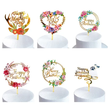 

New Happy Birthday Cake Topper Colored Flowers Golden Acrylic Birthday party Dessert decoration for Baby Shower Baking Supplies