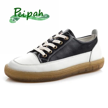 

PEIPAH Women's Sneakers Genuine Leather Shoes Woman Lace- Up Flats Female Casual Solid Flats Ladies Cross-Tied Shoes Plus Size