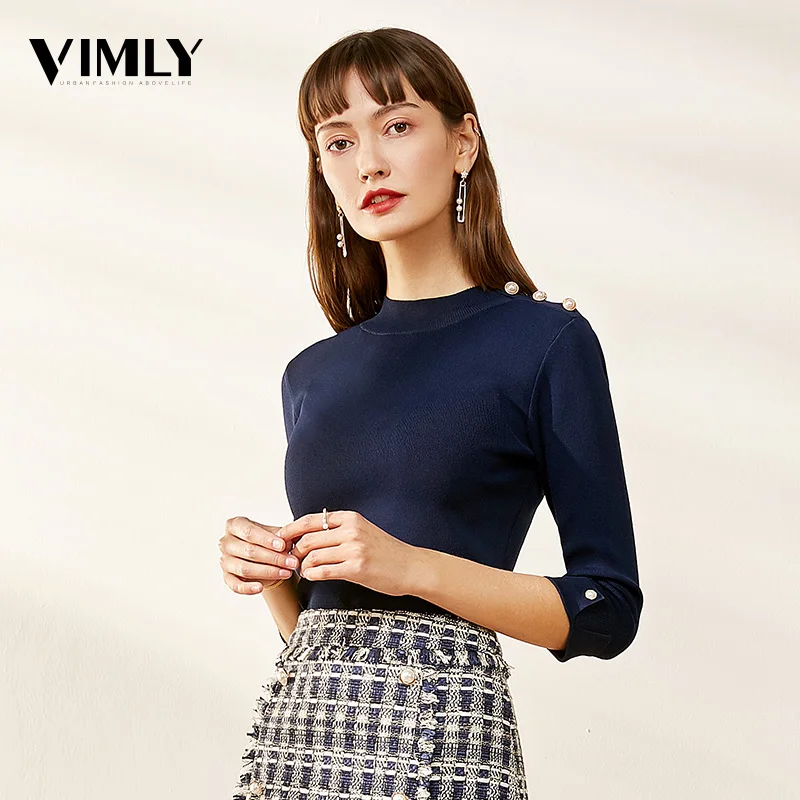 

Vimly Womeb Casual Solid Knitted Blouse Elegant Ladies Slim Tops Blusa Femme Female Spring Fitness Elastic Blouses Tops