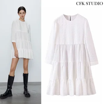 

ZA 2020 Women Minidress with Long Sleeve Straight Shirtdress Femme Casual Loose White Sexy Pleated Minidress
