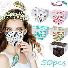 50 pçs unissex 3ply descartável máscaras de rosto adulto penas impressões máscaras de boca protetora multicolorido anti-poeira máscara facial mascarillas
