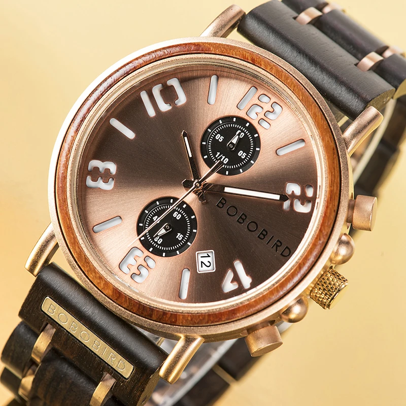 Rose gold dial BOBO BIRD relogio masculino часы для мужчин деревянный хронограф наручные часы мужской лучший бренд класса люкс Военная нержавеющая сталь Женихи подарок - Цвет: Rose gold dial