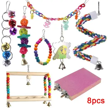 

8Pcs Pet Bird Parrot Wooden Beads Bell Rattan Ball Hanging Swing Cage Chew Toy