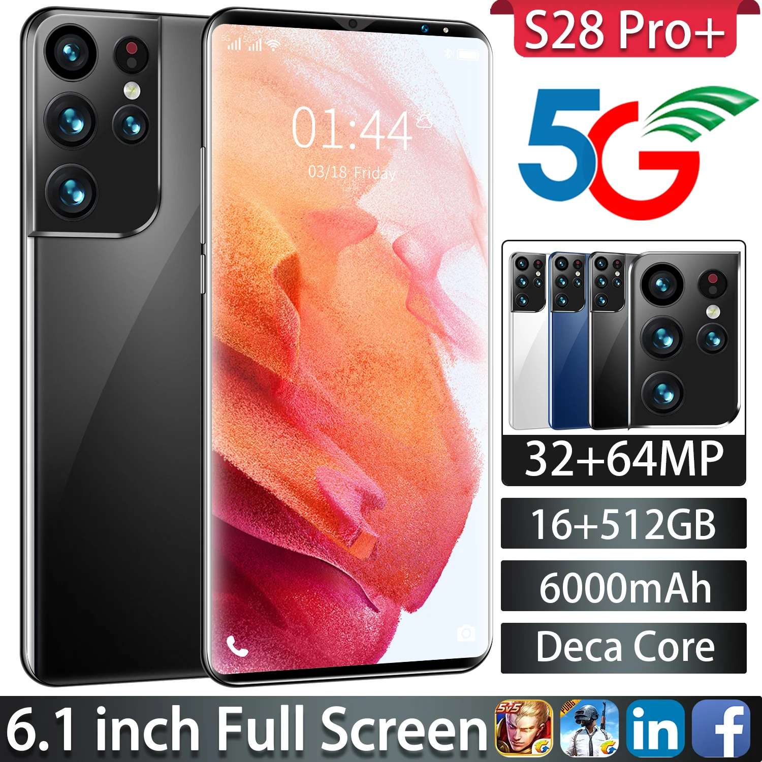 Смартфон S28 Pro + 6 1 дюйма 6000 мАч разблокированный телефон 16 512 ГБ разблокировка по