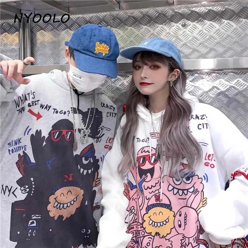 NYOOLO Harajuku уличная мультяшная граффити Печать толстые теплые худи Осень Зима Свободный пуловер с капюшоном флисовая Толстовка для женщин и мужчин