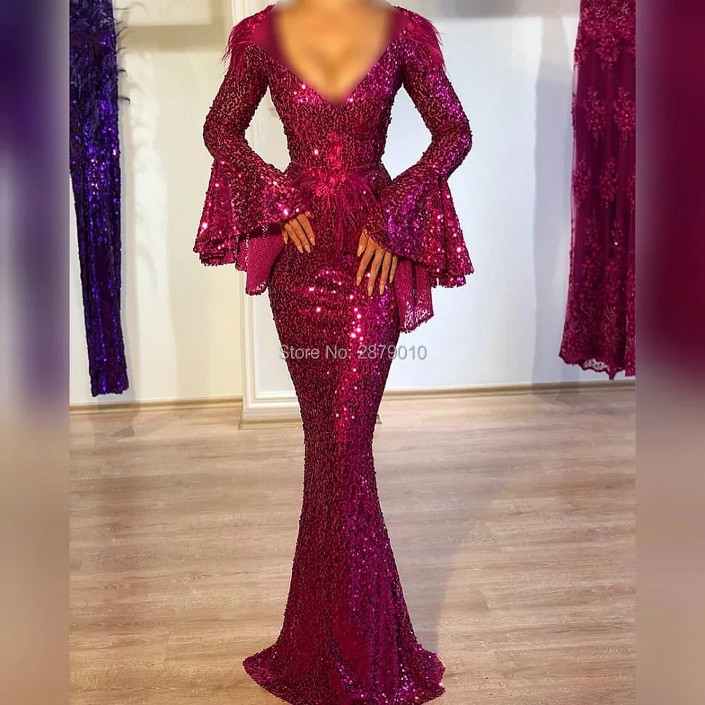 

Brilliant V-Neck Fuchsia Mermaid Long Evening Dress Floor-length Sequins Full Sleeves Feathers Prom Party Dress Formal Dress